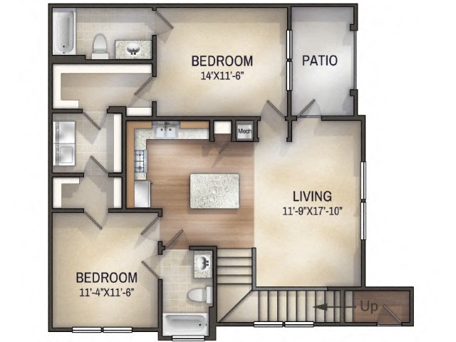 Floor plan for 2 beds, 2 baths, 1089 sqft